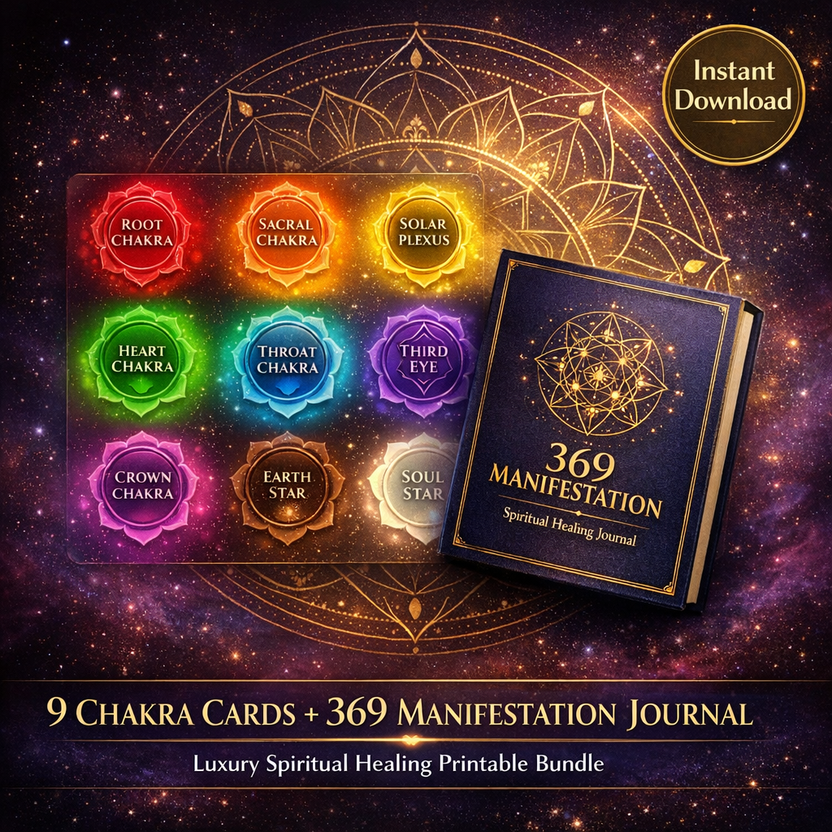 9 Chakra Cards + 369 Manifestation Journal — Luxury Spiritual Healing Printable Bundle